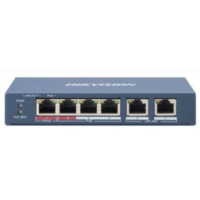 DS-3E0106HP-E - switch 1x 100TX HI-PoE + 3x 100TX PoE, 2x 100TX uplink, 60W, Super PoE