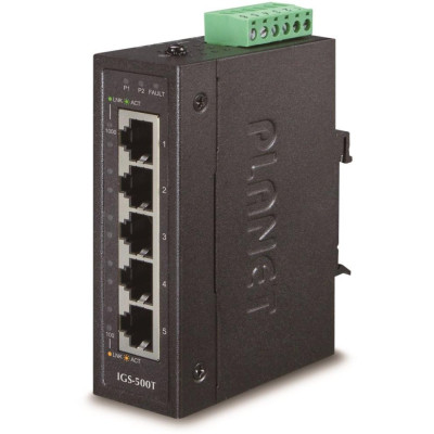 Planet IGS-500T, 5x 1000Base-T, DIN, IP30, rozšířený teplotní rozsah -40 až +75C, ESD+EFT do 6kV