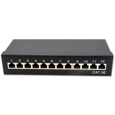 XtendLan Patch panel s možností umístit do 10" racku, 12 portů, 1U, Cat5e, STP, LSA, s krytem, černý