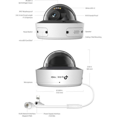 TP-Link VIGI InSight S285(4mm), 8MP, dome, 4mm, 3840x2160, Full-Color IR 30m, mic + repro, PoE, SD, IP67, IK10
