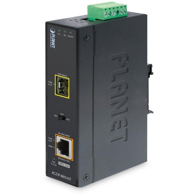 Planet IGTP-805AT Průmyslový konvertor 1x1Gb RJ45 / 1xSFP, PoE 802.3at, -40až75st, IP30, EFT+ESD, 12-48VDC, fanless