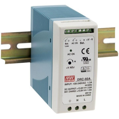 MEANWELL DRC-60A  Zdroj 12-15V/2,8A, výstup na baterii 1,5A, DIN