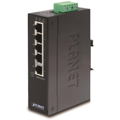 Planet ISW-501T Průmyslový Switch 5x 10/100M, -40~+75°C, TB napájení 12-48VDC, DIN, kovové šasi
